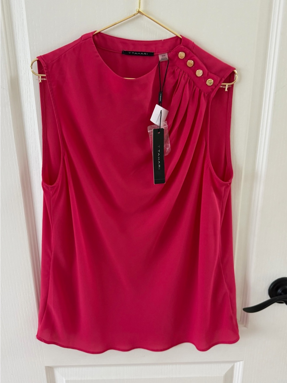 T Tahari Pleated Shoulder Shell Top in Bright Raspberry